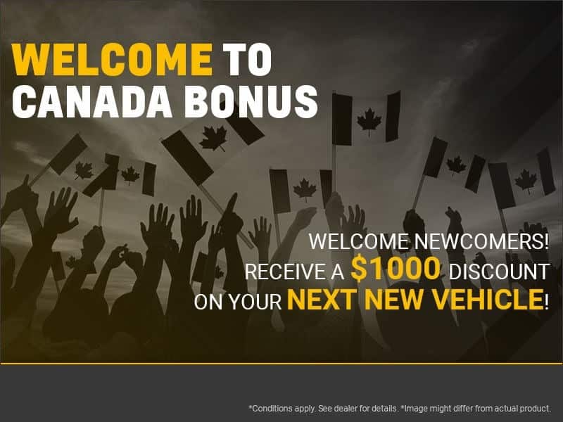 Welcome to Canada bonus offer with $1000 discount for newcomers on vehicles, featuring waving Canadian flags.