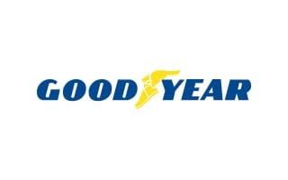 Goodyear logo featuring the brand name in blue with a yellow winged foot icon.