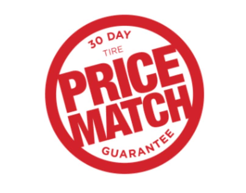 "30-day tire price match guarantee badge in red and white."