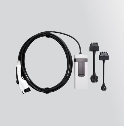 Electric vehicle charging cable set with connectors on a light gray background.