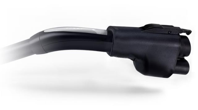 Electric vehicle charging cable with a black connector and sleek design.