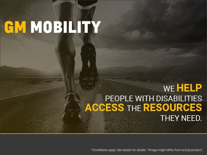 Runner on a road with "GM Mobility" text about aiding people with disabilities access resources.
